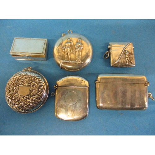 A parcel of silver and white metal vesta cases and a snuff box, all in vintage condition with use-related marks, approx. parcel weight 157.5g