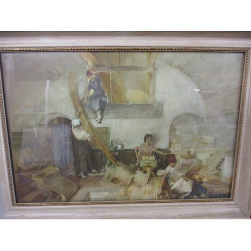 A framed print “The Basket Makers” signed lower right, label verso reads Artist signed Sir William Russell flint. Approx. size 42x31cm