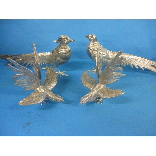Two pairs of white metal birds, one pair pheasants the other cockerels, in good pre-owned condition