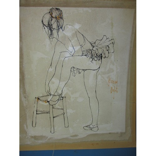 An original painting on canvas of a balarina with foot on stool, signed Bernard Dufour, approx. canvas size 50x44cm unframed and mounted on card backing, signed centre right