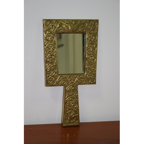5 - Beautiful Arts and Crafts Brass Finely Decorated Hand Held Mirror - Celtic Design 32cm x 16.5 cm