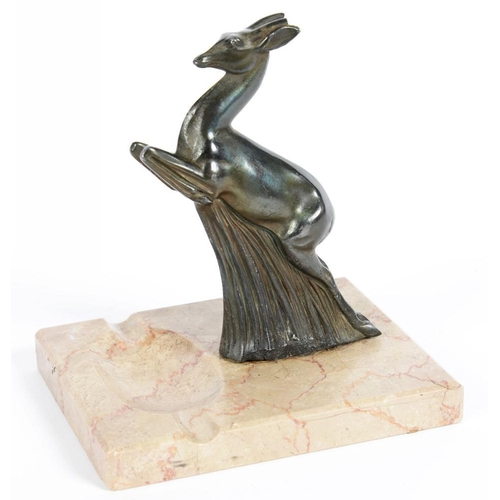 297 - AN ART DECO BRONZED SPELTER AND MARBLE ASHTRAY IN THE FORM OF A LEAPING DEER, 17CM H, C1935