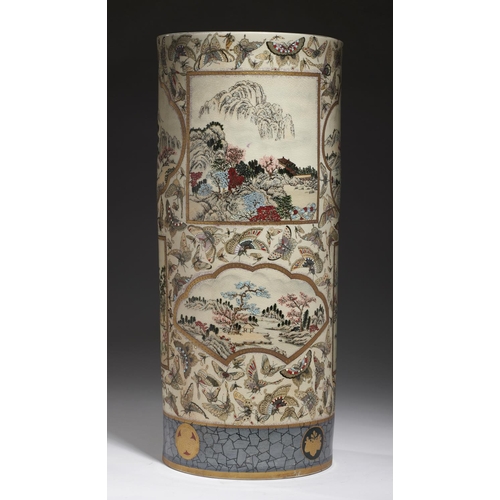323 - A JAPANESE SATSUMA EARTHENWARE STICK STAND, EARLY 20TH C  decorated with fan and other landscape pan... 