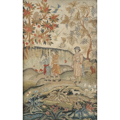 635 - A FINE ENGLISH  NEEDLEWORK PANEL   worked on linen in coloured silk and wool with a shepherd observi... 
