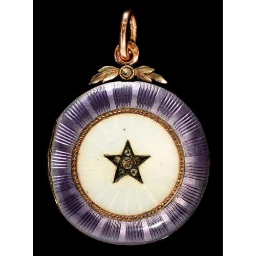 30 - A RUSSIAN GOLD AND SILVER GILT AND WHITE AND MAUVE GILLOUCHE ENAMEL LOCKET 21mm, by  Ivan Savelevich... 