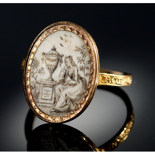 4 - A GOLD MOURNING RING, 1779 set with an oval miniature painted en grisaille with a lady seated beside... 