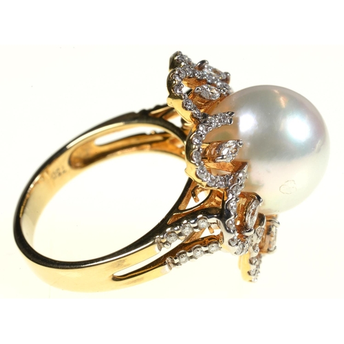 49 - A DIAMOND AND CULTURED PEARL RING AND PAIR OF SIMILAR EARRINGS the ring with 12mm cultured pearl in ... 