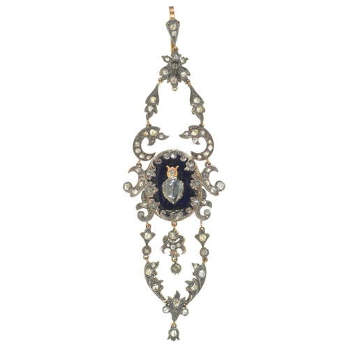 51 - A NORTHERN EUROPEAN DIAMOND, GOLD AND TRANSLUCENT BLUE ENAMEL SWAG PENDANT, 19TH C  100mm... 