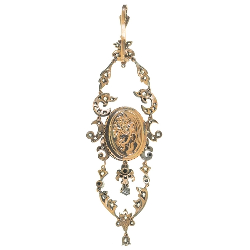 51 - A NORTHERN EUROPEAN DIAMOND, GOLD AND TRANSLUCENT BLUE ENAMEL SWAG PENDANT, 19TH C  100mm... 
