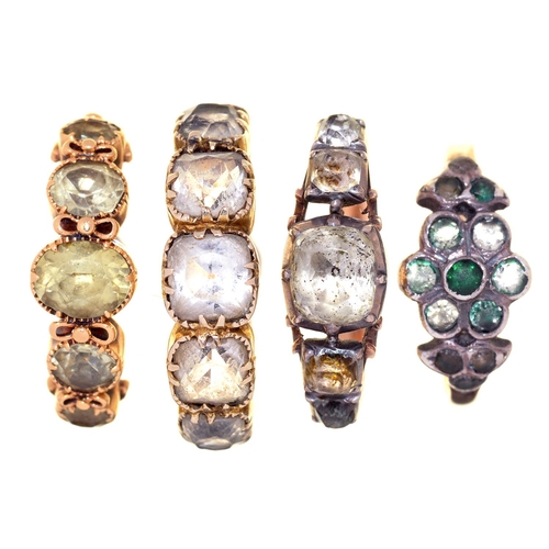 12 - THREE GOLD RINGS, 19TH C AND LATER, VARIOUSLY GEM SET, 8G AND A PASTE SET SILVER GILT RING, VARIOUS ... 