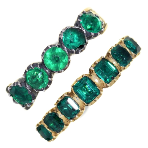 14 - TWO VICTORIAN GREEN PASTE SET GOLD RINGS, MID 19TH C, CHASED OR ENGRAVED, UNMARKED, 3.4G, SIZES J AN... 