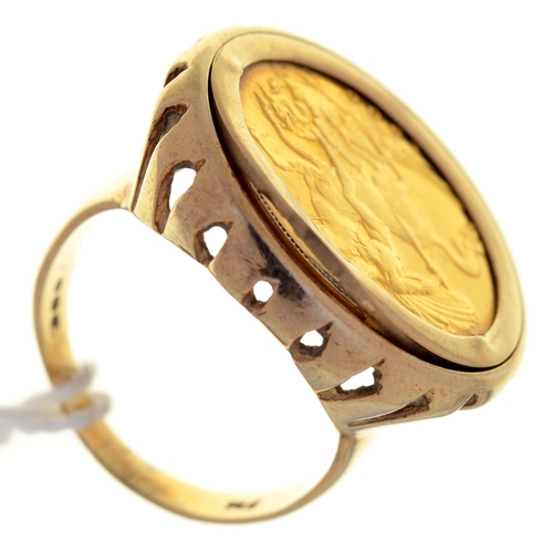 21 - GOLD COIN. HALF SOVEREIGN 1906, MOUNTED IN A 9CT GOLD RING, BIRMINGHAM 1976, 8.3G, SIZE L½