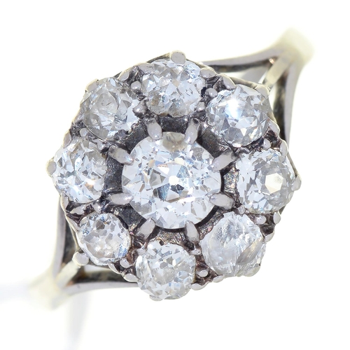 28 - A DIAMOND CLUSTER RING, WITH NINE OLD CUT DIAMONDS, PLATINUM COLOURED METAL HOOP, MARKED WITH AN INV... 