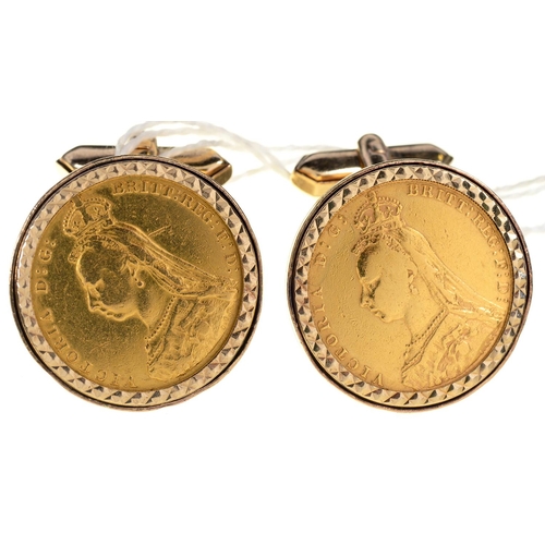 48 - GOLD COINS. SOVEREIGN, VICTORIA, JUBILEE HEAD, TWO, MOUNTED IN A PAIR OF 9CT GOLD CUFFLINKS (ENCLOSE... 