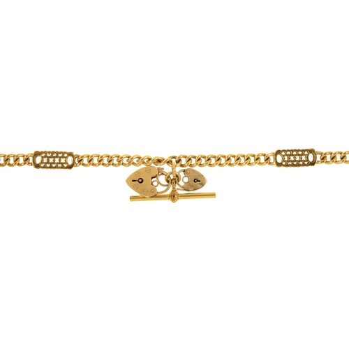 49 - A GOLD WATCH CHAIN, WITH TWO 9CT GOLD PADLOCKS, 45CM L, UNMARKED, 42G