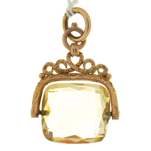 12 - A 9CT GOLD AND FACETED CITRINE SWIVEL FOB SEAL, 34MM EXCLUDING GOLD SUSPENSION RING, BIRMINGHAM, DAT... 