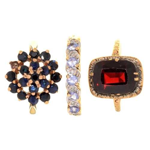 59 - THREE 9CT GOLD RINGS, VARIOUSLY GEM SET, 8G, SIZES K½, L½ AND N½