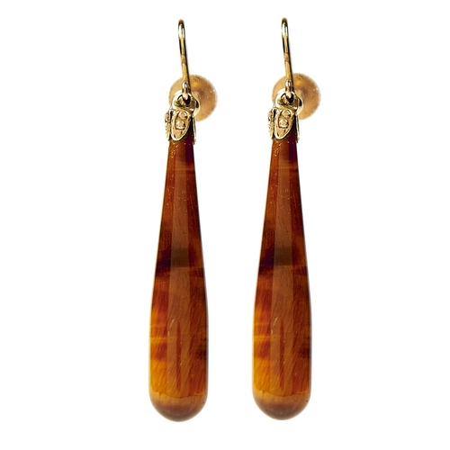 42 - A PAIR OF 9CT GOLD AND TIGER EYE EARRINGS,  36MM EXCLUDING FITTINGS, MARKED 9CT, 4.5G