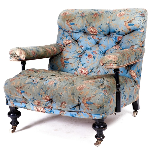 1421 - A Victorian ebonised open armchair, late 19th c, in the original light blue ground rose and bird pat... 
