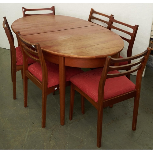 1430 - A teak extending dining table and set of six ladder back chairs, c1970, table 73cm h; 90 x 154cm exc... 