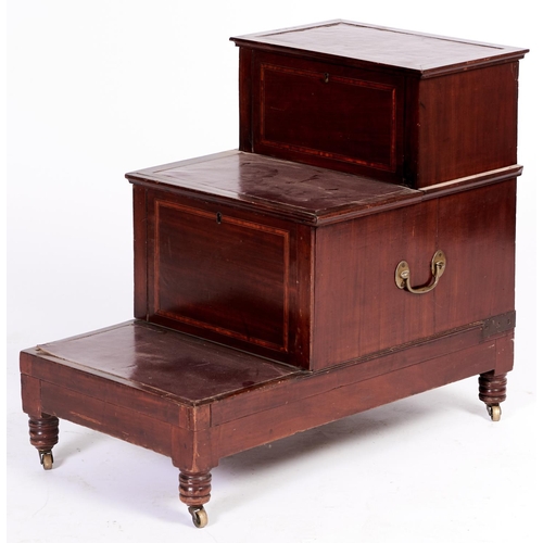1435 - A set of Victorian mahogany bed steps, c1840, with lid and sliding pot compartment, maroon leather i... 