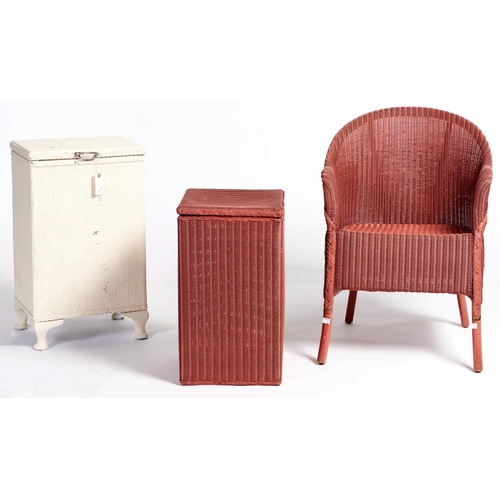 1460 - A Lloyd Loom wicker armchair and linen basket, 54cm h, later painted pink and a similar linen basket... 