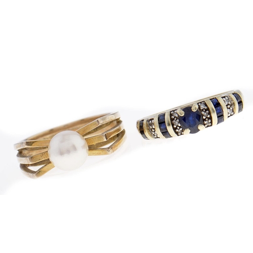 536 - A sapphire and diamond ring, in 14ct gold, convention mark, size L and cultured pearl ring, in gold ... 