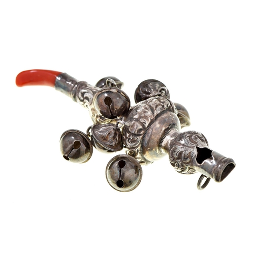 36 - A Victorian silver child's rattle, hung with seven bells, coral teether, 90mm l, by George Unite, Bi... 