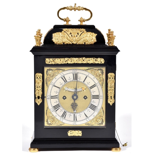 370 - An English basket top ebony clock, Henry Massy London, c1700, the brass dial with matted centre, dat... 