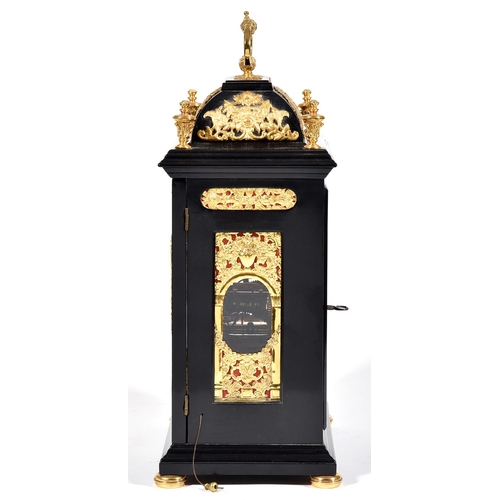 370 - An English basket top ebony clock, Henry Massy London, c1700, the brass dial with matted centre, dat... 