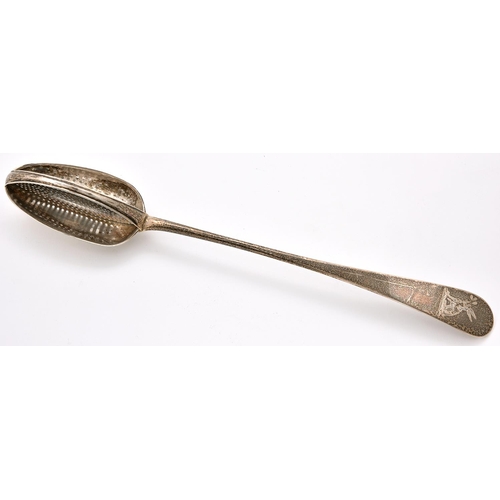 56 - A George III silver straining spoon, Old English pattern, crested, by Hester Bateman, London 1780, 4... 