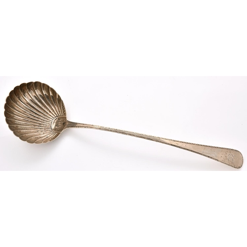 58 - A George III silver soup ladle, Feather Edge pattern, shell bowl, by George Smith, London 1777, 4ozs... 