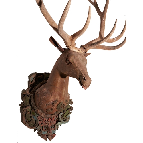 1023 - A magnificent polychrome wood deer head trophy of extraordinary size, Tyrolean or South German,... 