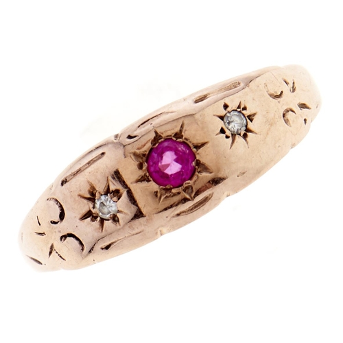 12 - A ruby and diamond ring, c1900, in 9ct gold, gipsy set, Chester, other marks rubbed, 1.2g, size M