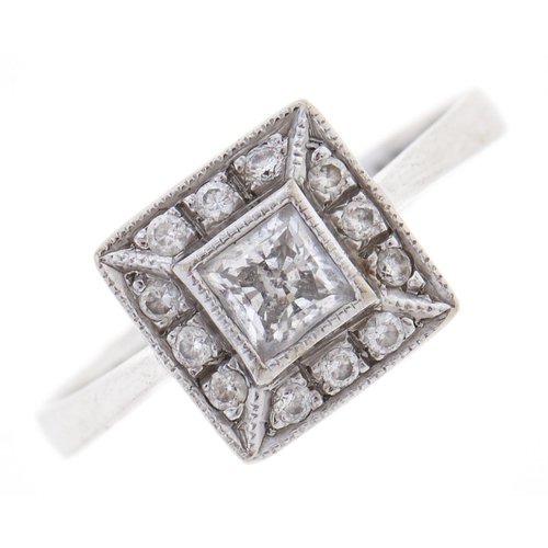30 - A white stone square cluster ring, in white gold, marked 585, 3.3g, size P