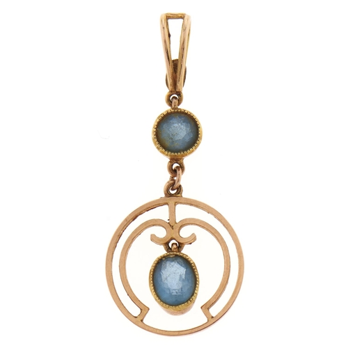 50 - An aquamarine openwork pendant, early 20th c, in gold, marked 15ct, 1.9g
