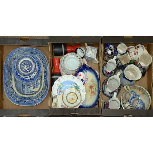 1046 - Miscellaneous pottery and porcelain, including Losol ware jugs, blue and white Willow pattern meat p... 