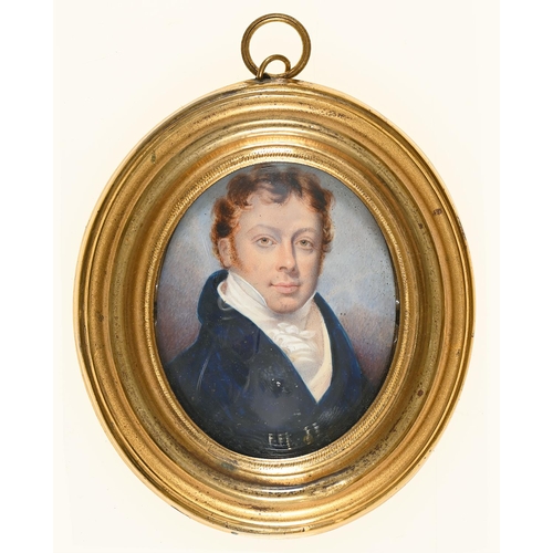 1088 - English School, early 19th c - Portrait Miniature of a Gentleman, with curly hair, in navy coat with... 
