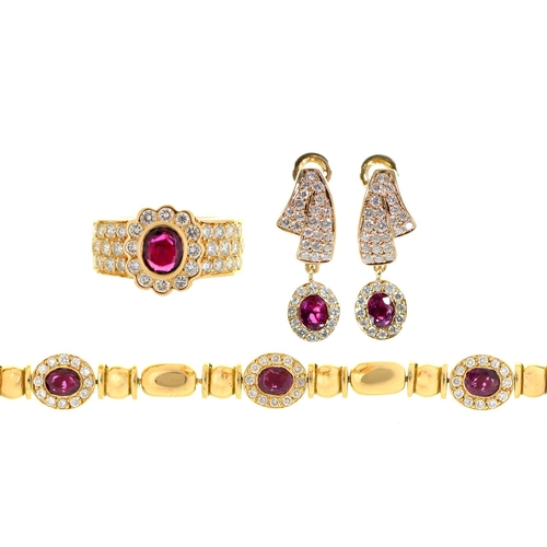 109 - A ruby and diamond suite, comprising ring, earrings and bracelet, in gold, bracelet 19cm l, marked 7... 