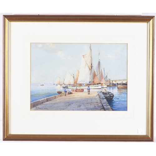 1443 - A D Bell  (fl  1920's-1950's)- Port Scene with Sailing Vessels, Fishermen on a Slipway, watercolour ... 