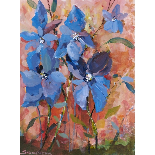 1445 - Stephen Needham, 20th century - Flowers in Blue, gouache, signed lower left, 40 x 30cm... 