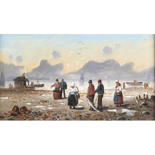 1450 - F. Robert - Bringing Home the Catch, Low Tide, Figures on the Shoreline with Boats Beyond, oil on ar... 