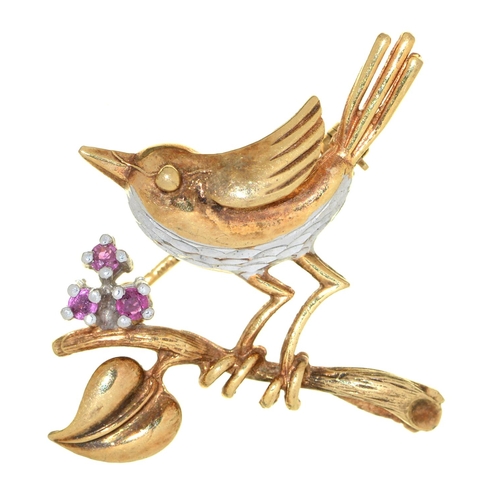 79 - A ruby bird-on-a-branch brooch, in two colour 9ct gold, 34mm, import marked London 1970, 2.8g... 