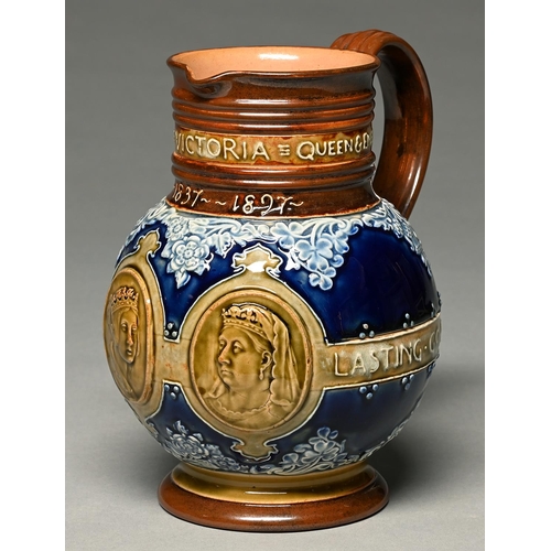 951 - Royal Diamond Jubilee, 1897. A Doulton ware commemorative jug, moulded with portraits of  Queen Vict... 