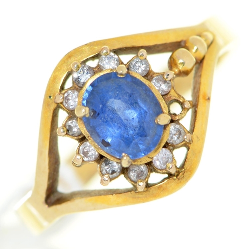 11 - A sapphire and diamond cluster ring, in gold, unmarked, 3.7g, size N½