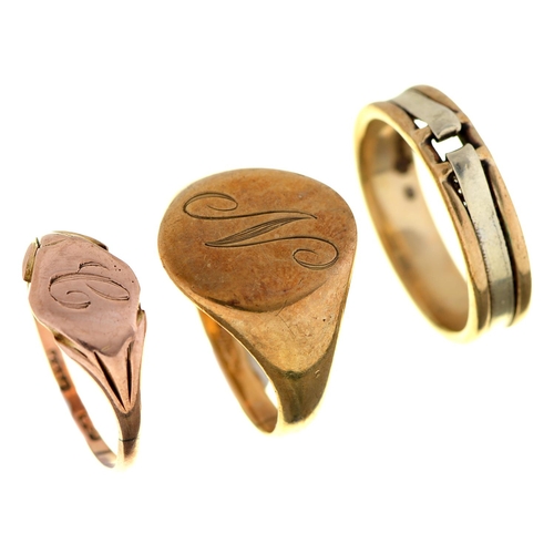 18 - Two 9ct gold rings and a gold signet ring, marked 9ct, 9.2g, size K