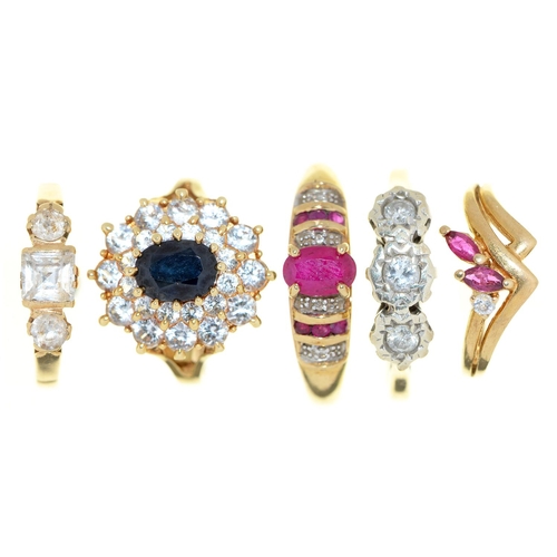 23 - Five gold rings, variously gem set, 12.6g, various sizes