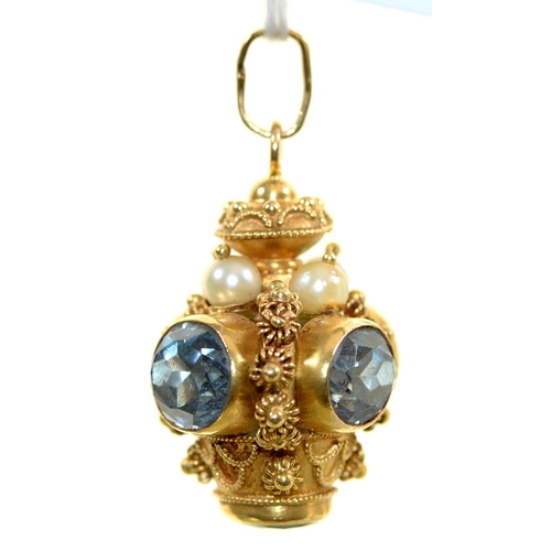 28 - A Zircon pearl and gold pendant, in the form of a crown, 30mm, marked K18, 14g