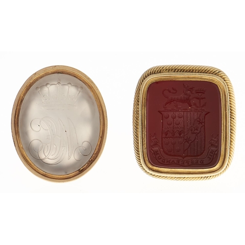 34 - Two English gold fob seals, late 18th c and c1824, the oval seal with chalcedony intaglio of initial... 