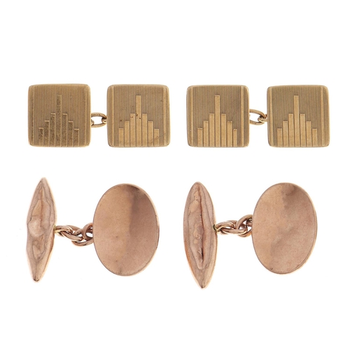35 - A pair of 9ct gold cufflinks, 12 x 12mm, Birmingham 1939 and another pair, oval, Birmingham 1946, 9.... 